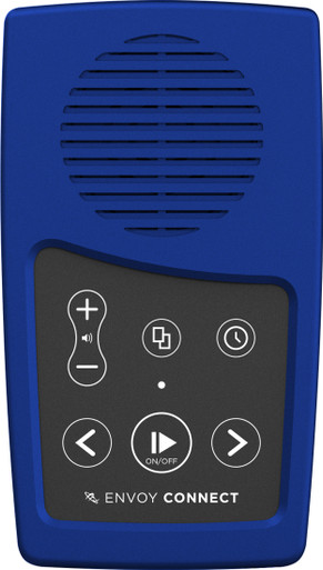 Un appareil bleu a un haut-parleur rond sur le dessus et six boutons sur la moitié inférieure. Les mots Envoy Connect apparaissent en bas sous les boutons.