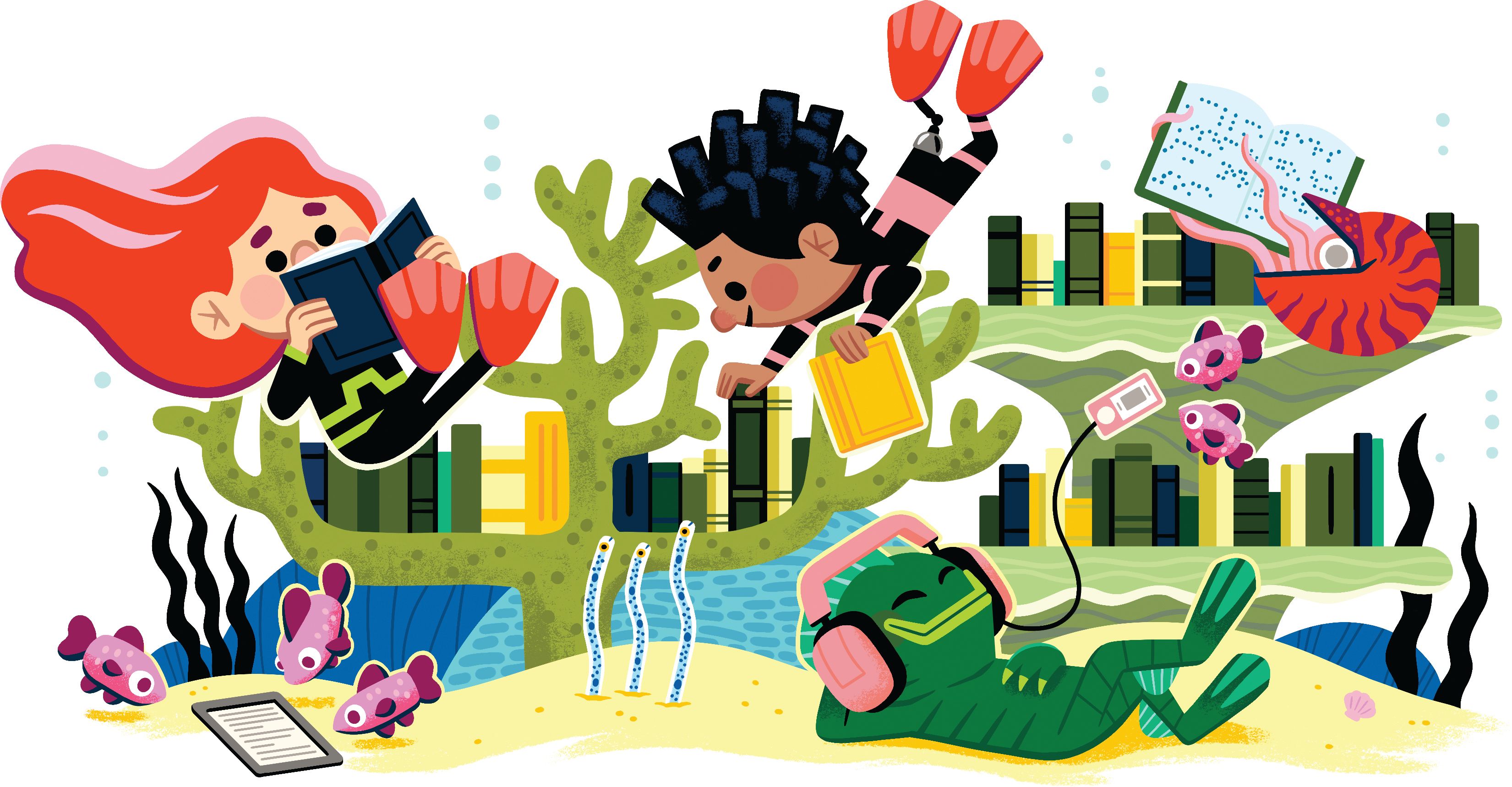 Une illustration de deux jeunes lisant des livres dans un paysage sous-mer, représentant le thème du club de lecture d'été TD 2026 de "Plonge!".