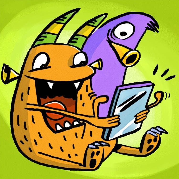 Deux monstres de dessins animés, un orange avec des cornes vertes et un violet avec un bec jaune, sont assis côte à côte en regardant une tablette.