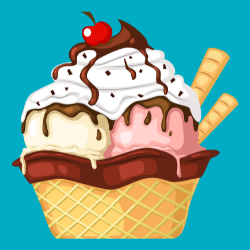  Illustration de crème glacée dans un bol de style gaufre avec crème fouettée, sauce au chocolat et pépites, avec une cerise sur le dessus. Le dessert ressemble à un cupcake.