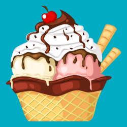 Illustration de crème glacée dans un bol de style gaufre avec crème fouettée, sauce au chocolat et pépites, avec une cerise sur le dessus. Le dessert ressemble à un cupcake.
