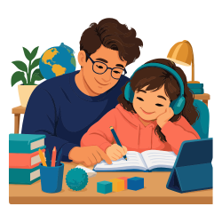 An illustration of a child wearing headphones and a child doing schoolwork together. 