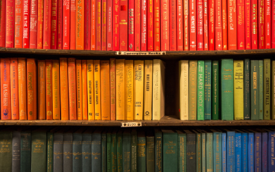À droite, on voit une image de trois étagères de livres. Au centre de l’étagère du milieu, on voit un trou noir créé par un livre manquant.