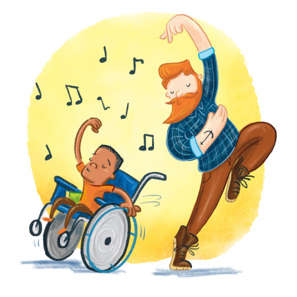 Child in wheelchair dancing with man