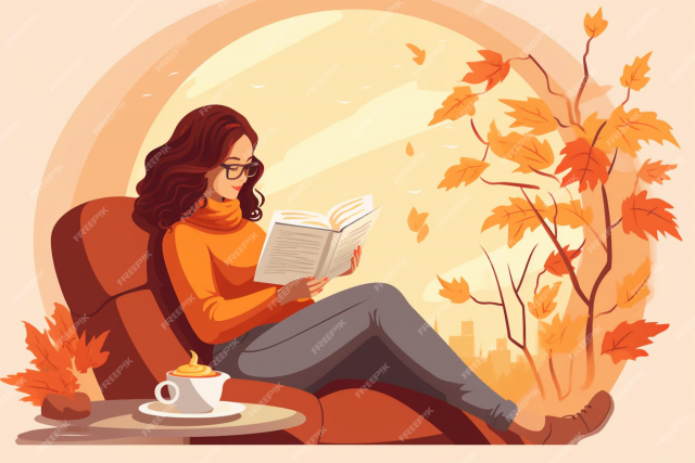 Painting of young woman with long brown hair and glasses, wearing a sweater. She is sitting on a recliner reading a book, with leaves and an autumnal colours around her.