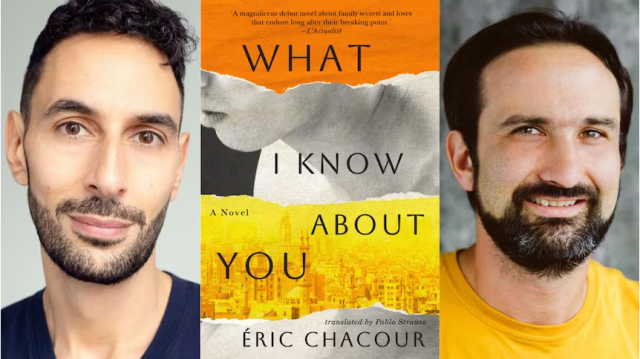 Book cover of What I know about you with photographs of author and translator